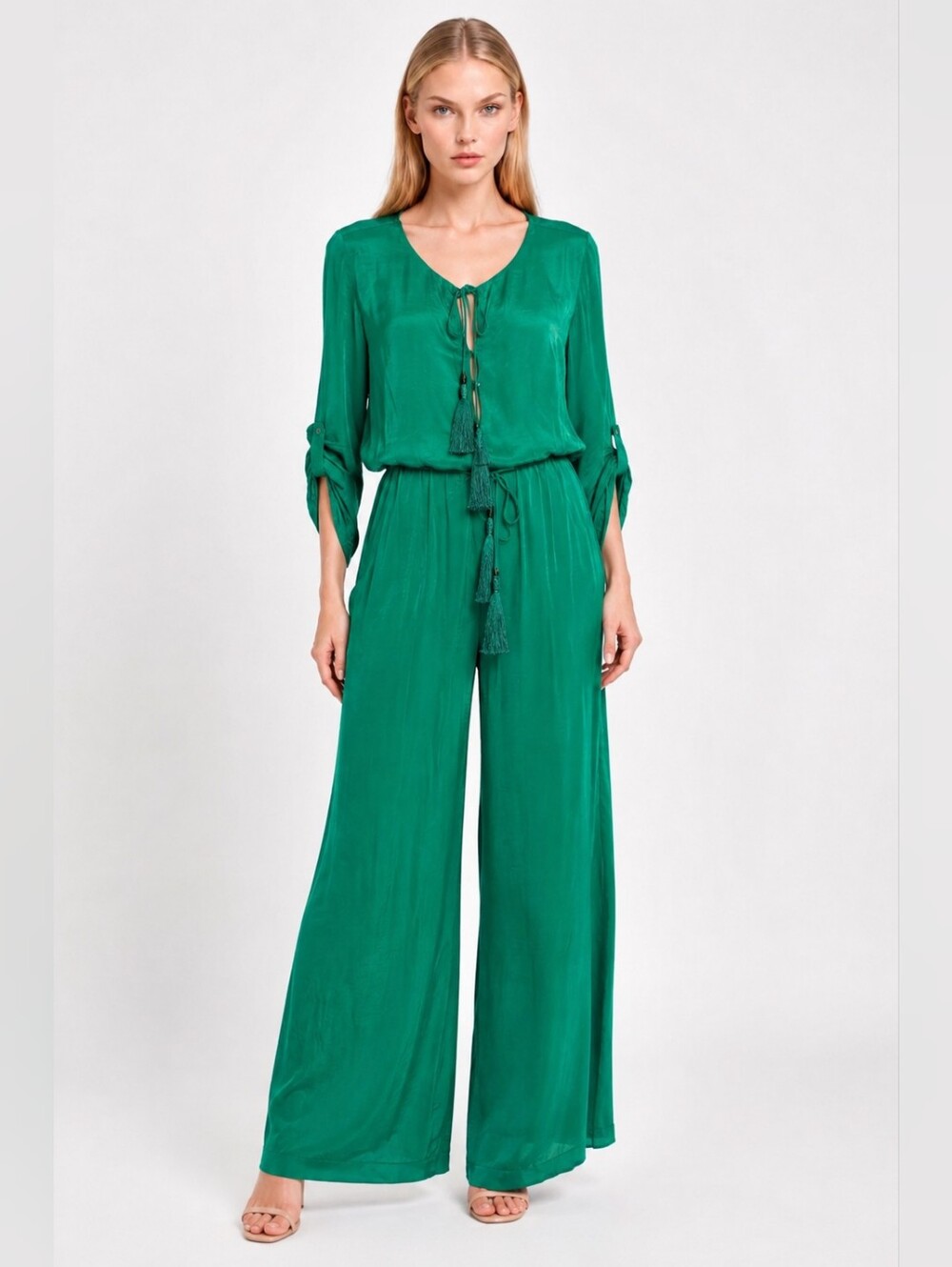 SHAHIDA PARIDES Emerald Green Silk Tassle Luxury Lightweight Jumpsuit